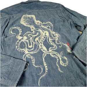 Tommy Bahama Linen Kraken Shirt Men L Button-Up Octopus Long Sleeve Embroidered
